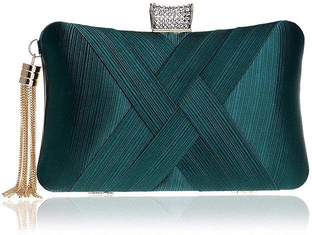 Handicraft Satin Evening Clutch for Women | Elegant Box Clutch with Crystal Clasp & Detachable Tassel Chain