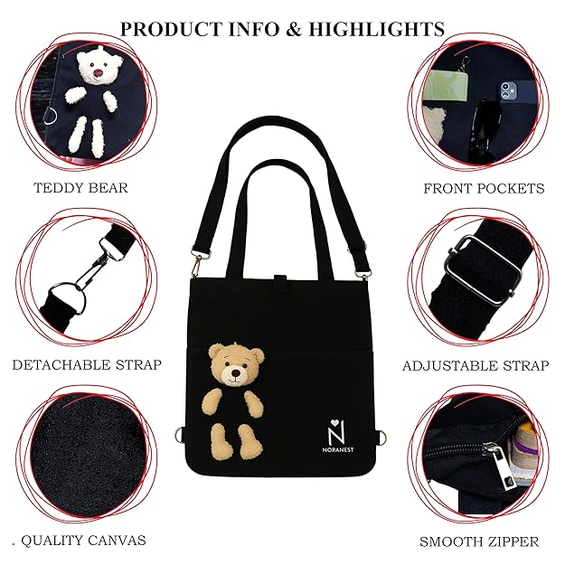 Trendy Canvas Tote Bag for Women & Girls – Aesthetic Korean Style College Bag with Cute Teddy Charm