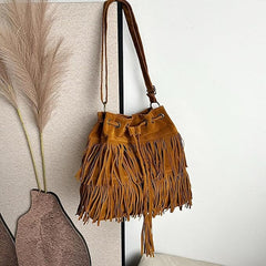 Women’s Large Fringe Shoulder Bag – Drawstring Hobo Tote for Travel, Holidays & Daily Use – Brown