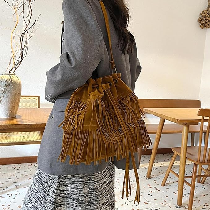 Women’s Large Fringe Shoulder Bag – Drawstring Hobo Tote for Travel, Holidays & Daily Use – Brown