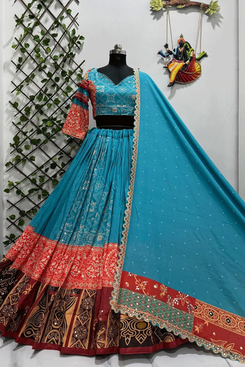 Real Mirror Work Sky Blue Chaniya Choli For Navratri