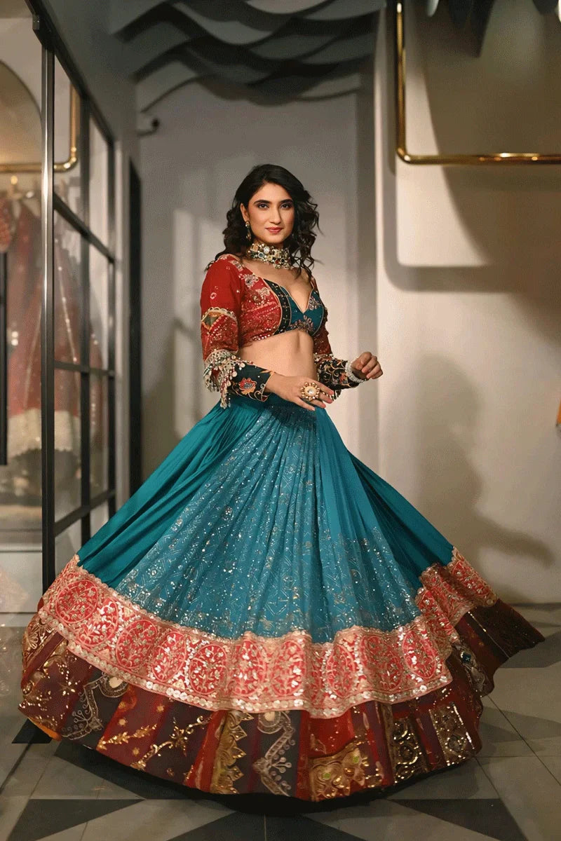 Real Mirror Work Sky Blue Chaniya Choli For Navratri