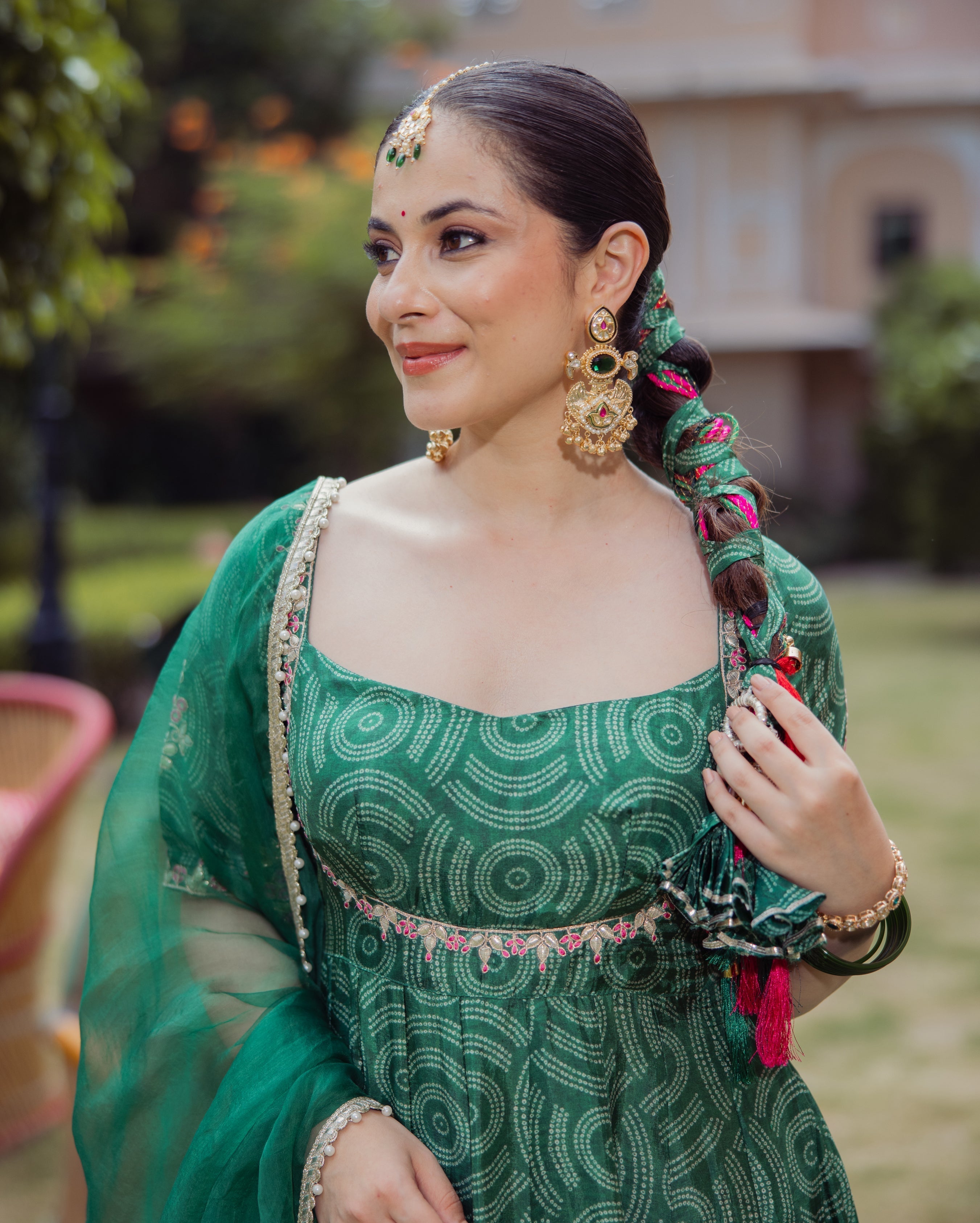 Dark Green Bandhani Chanderi Suit Set