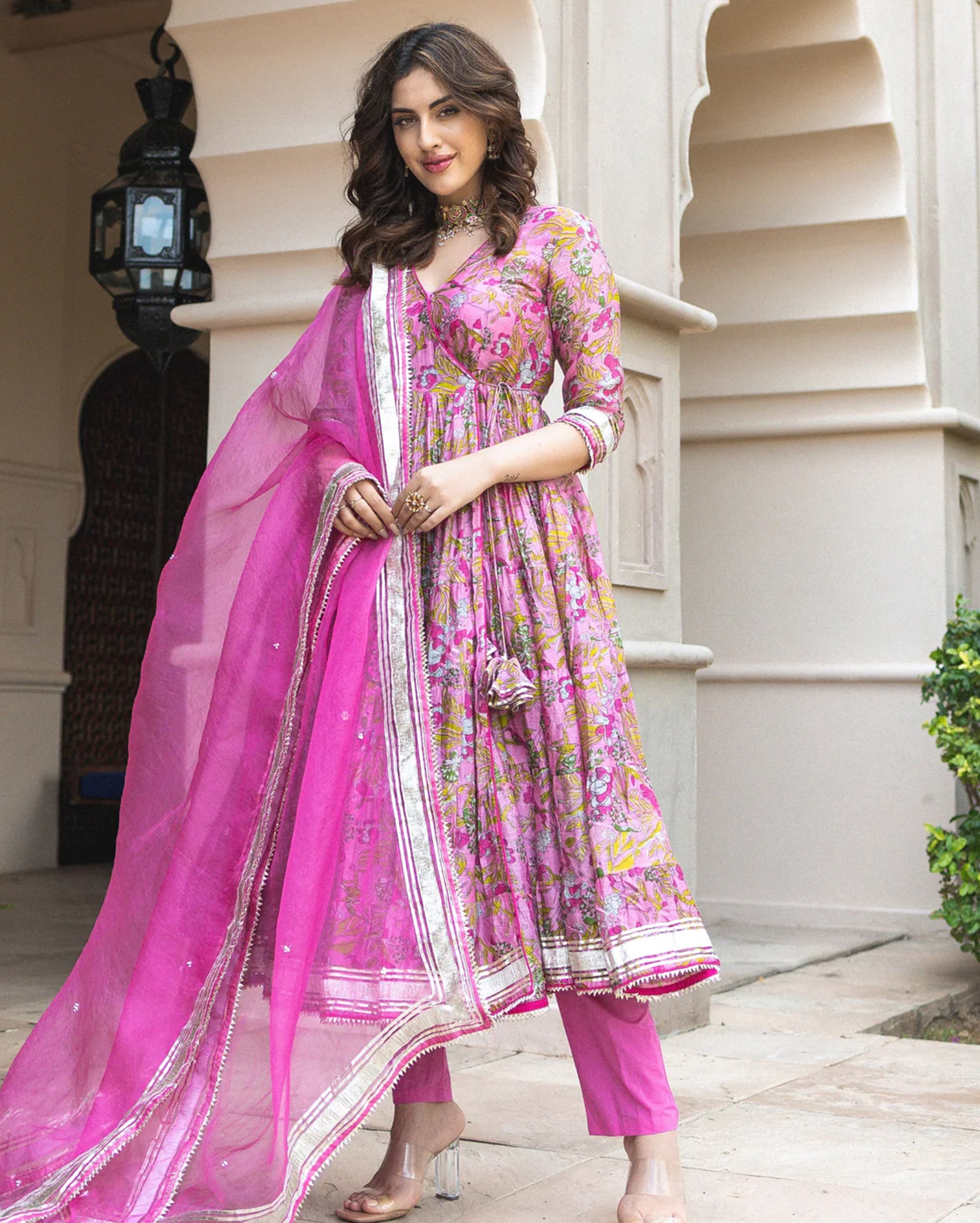 Pink Chanderi Angrakha Suit Set with Gota Work and Organza Dupatta