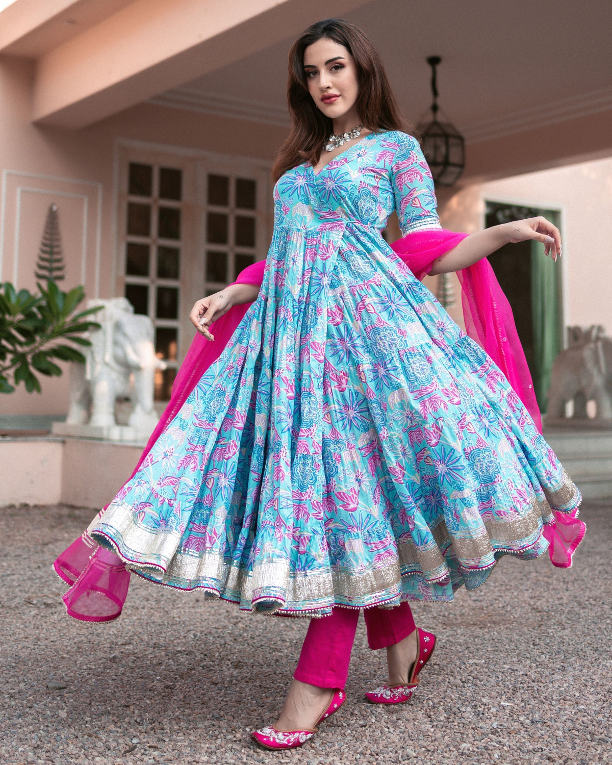 Blue Cotton Angrakha Suit Set with Gota Work and Organza Dupatta