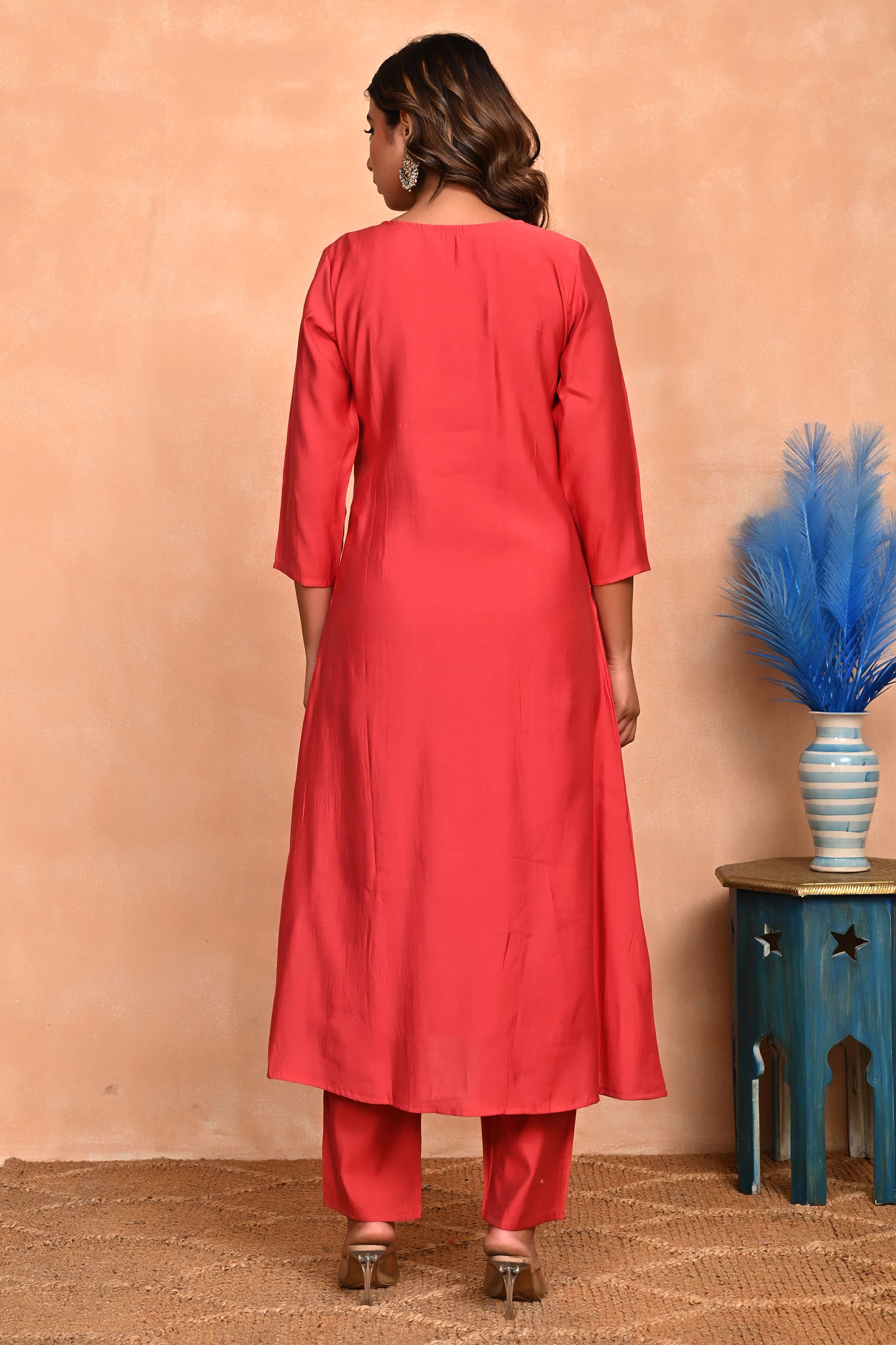 Rusty Red Embroidered A-Line Chanderi Silk Salwar Suit with Delicate Patchwork Detailing