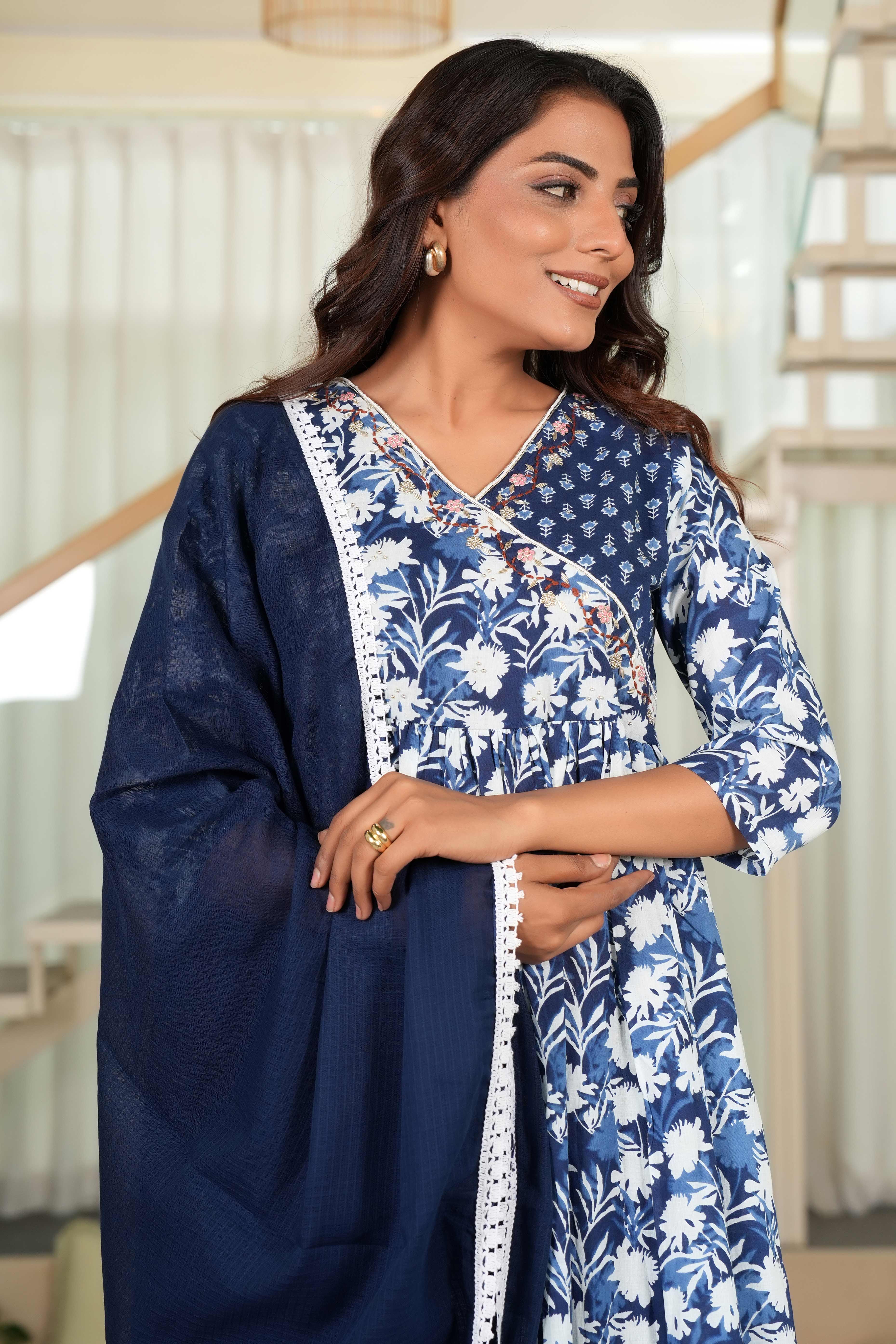 Dark Blue Anarkali Salwar Suit Featuring Floral Prints on Pure Cotton