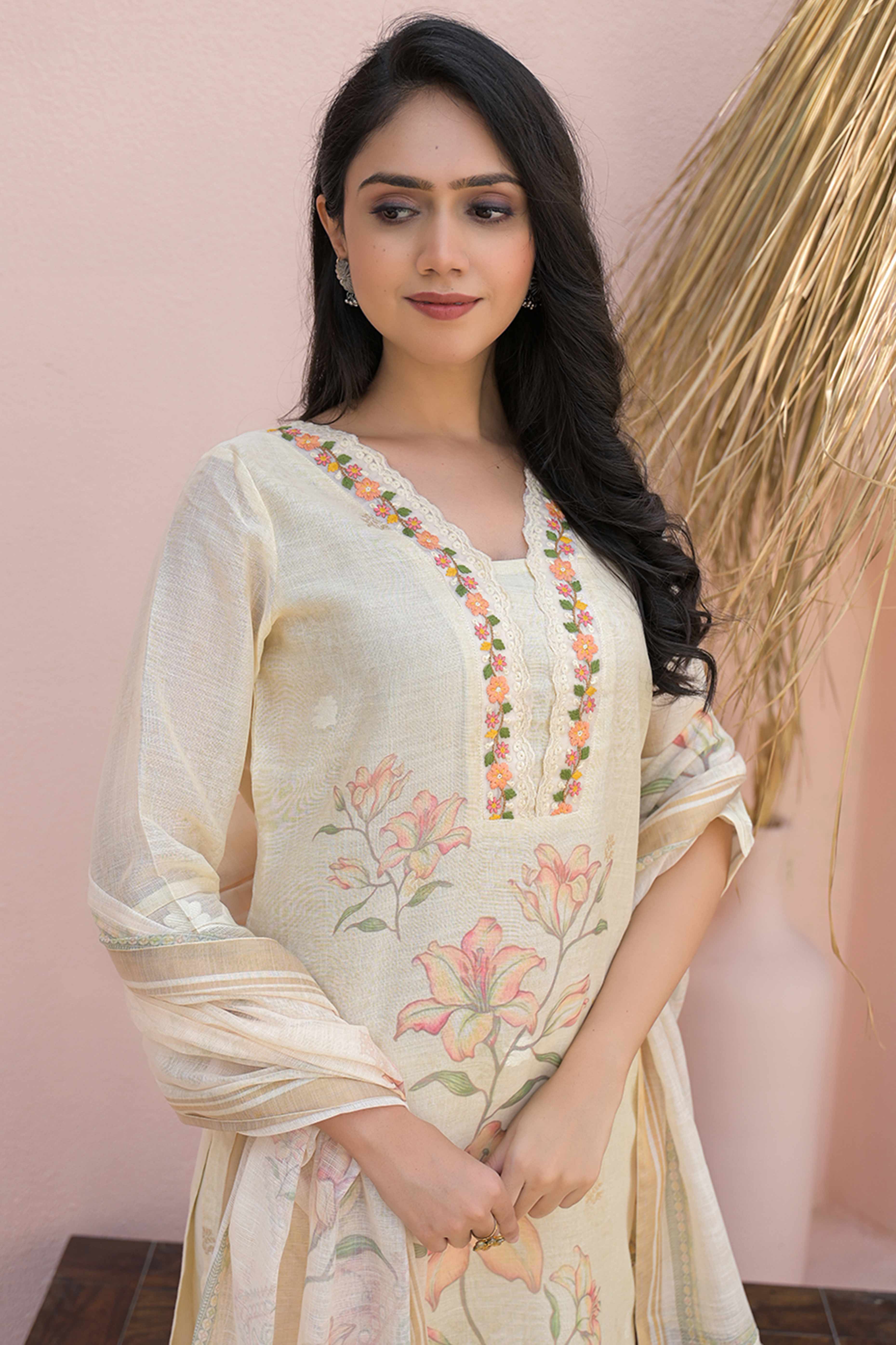 Powder Yellow Cotton Linen Salwar Suit with Printed Blooms and Delicate Embroidery Highlights