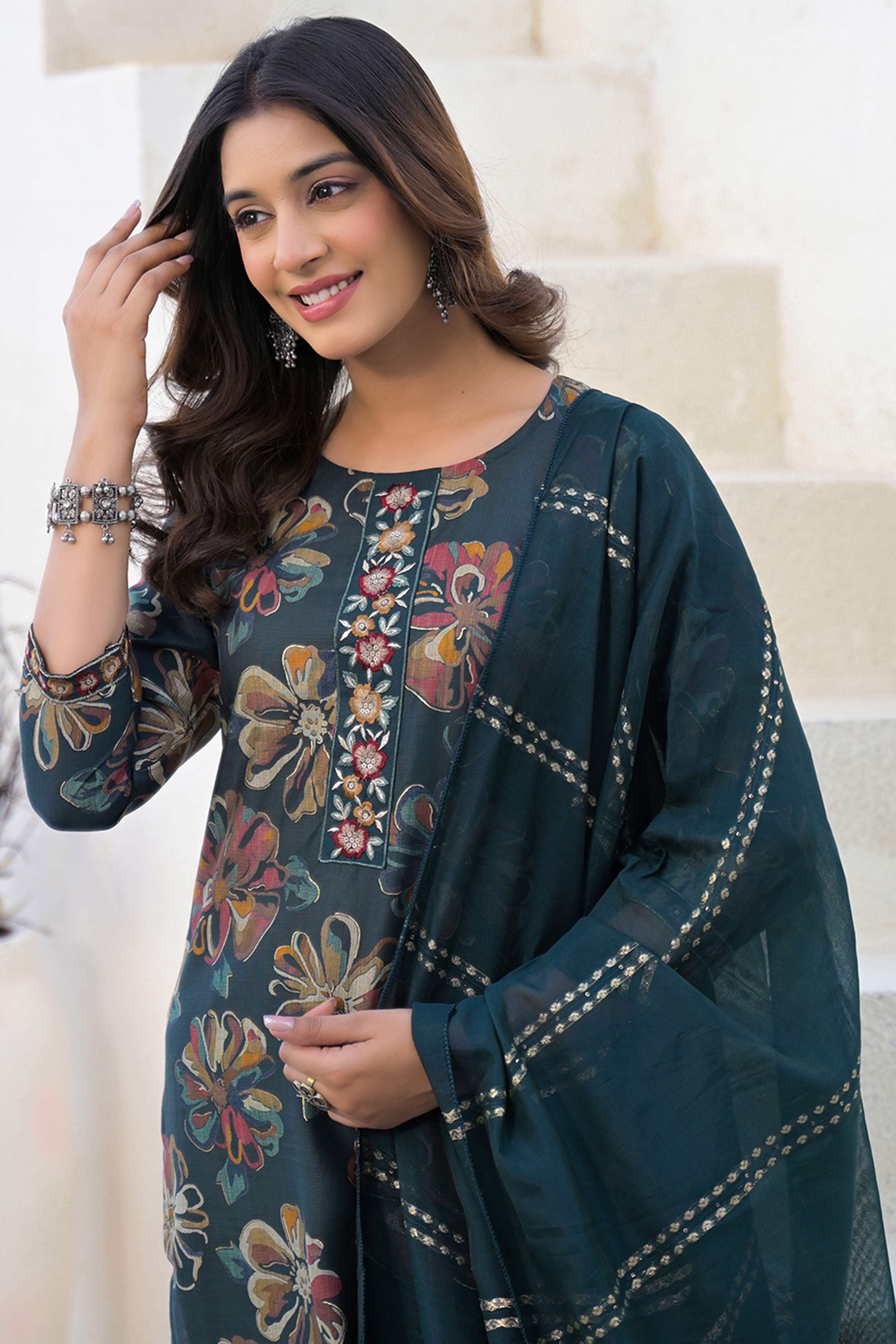 Stylish Bottle Green Viscose  Straight Salwar Suit with Floral Pattern