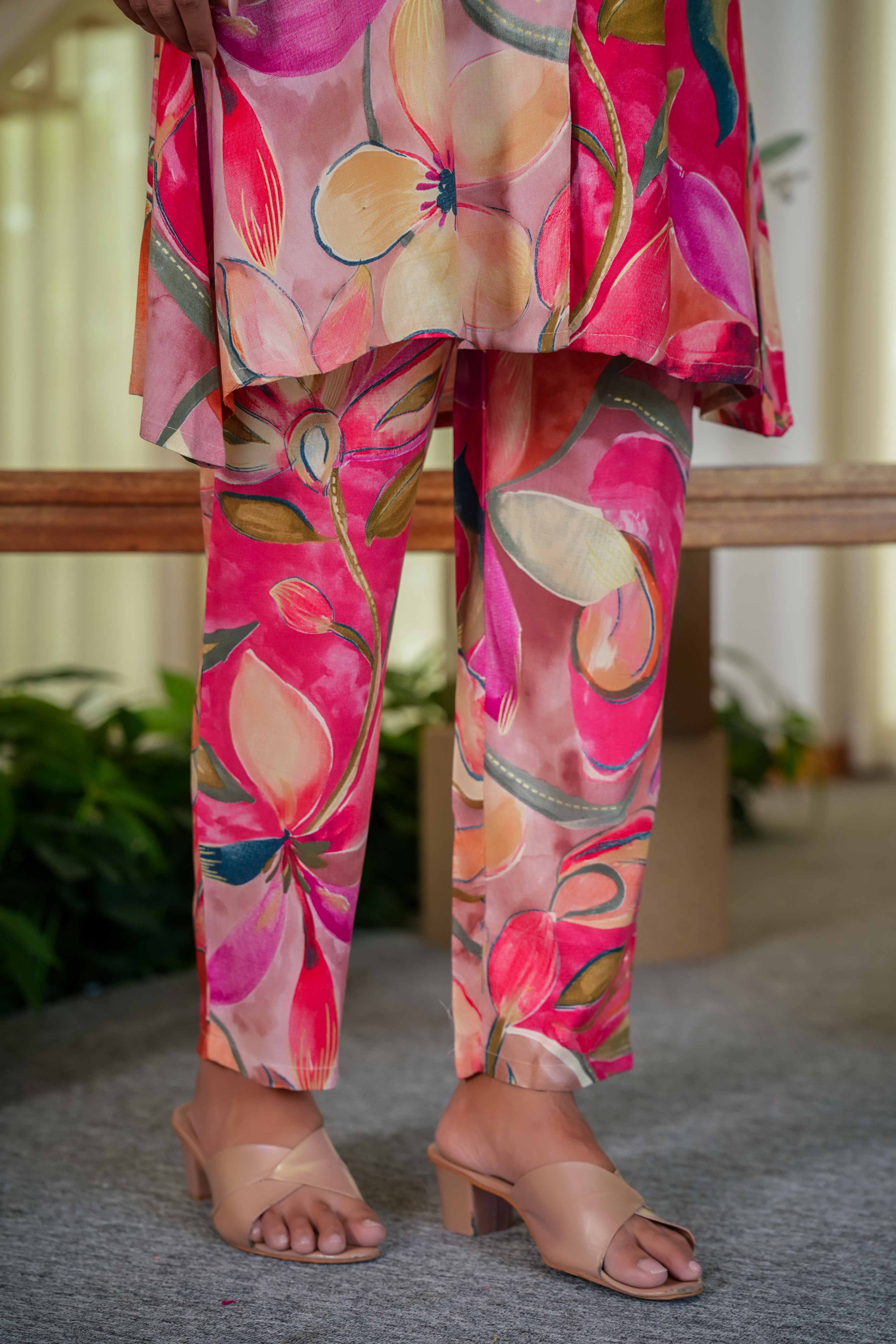 Red Floral Printed Rayon Co-Ord Set – Top & Bottom