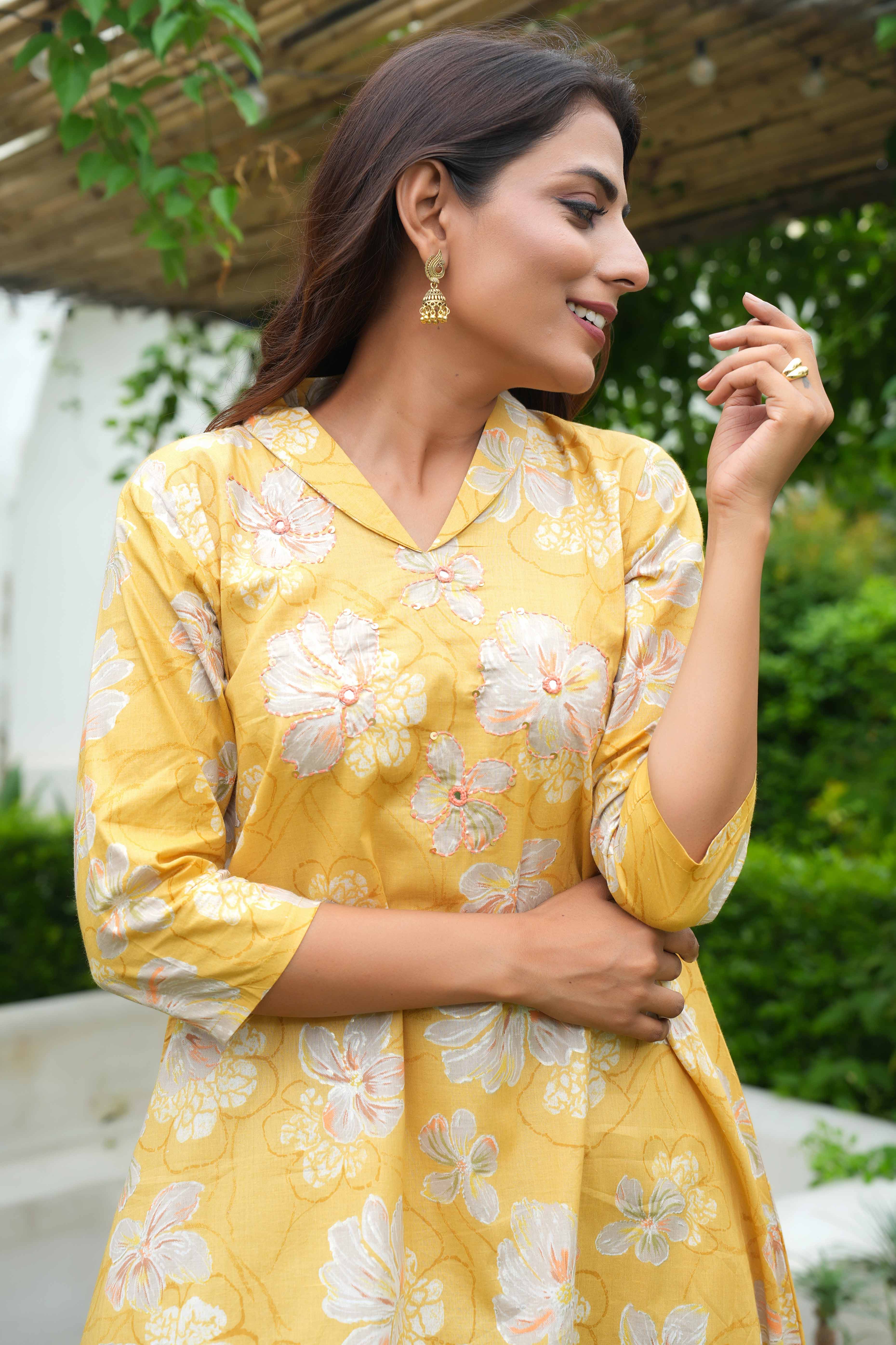 Yellow Pure Cotton Co-Ord Set with Floral Handwork – Elegant Festive Wear