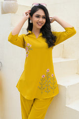 Mustard Floral Embroidered Cotton Top – Breathable & Elegant Everyday Wear