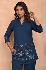 Navy Blue Hand-Embroidered Cotton Co-Ord Set with Bead Detailing