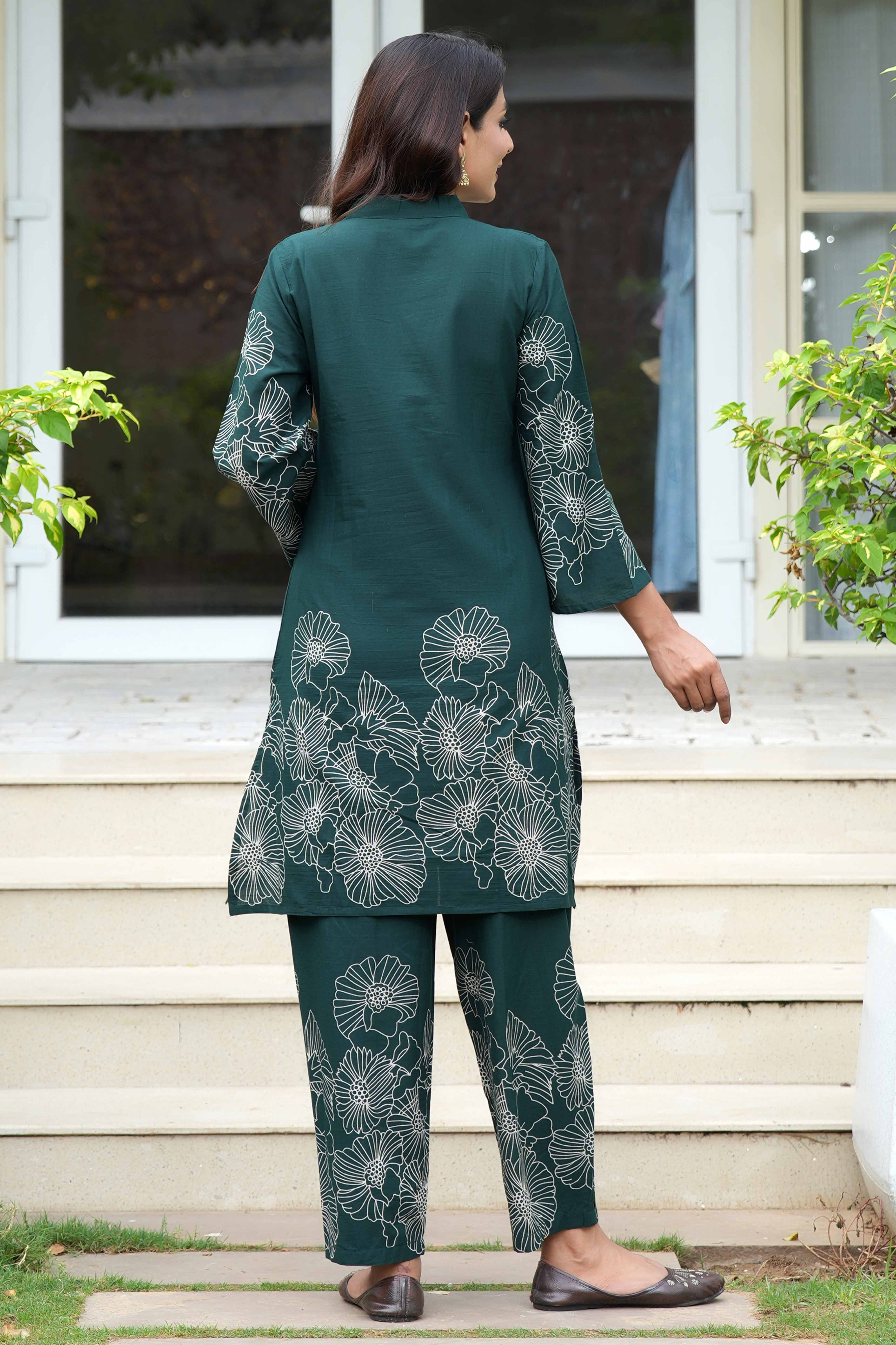 Bottle Green Floral Embroidered Co-Ord Set – Top & Bottom