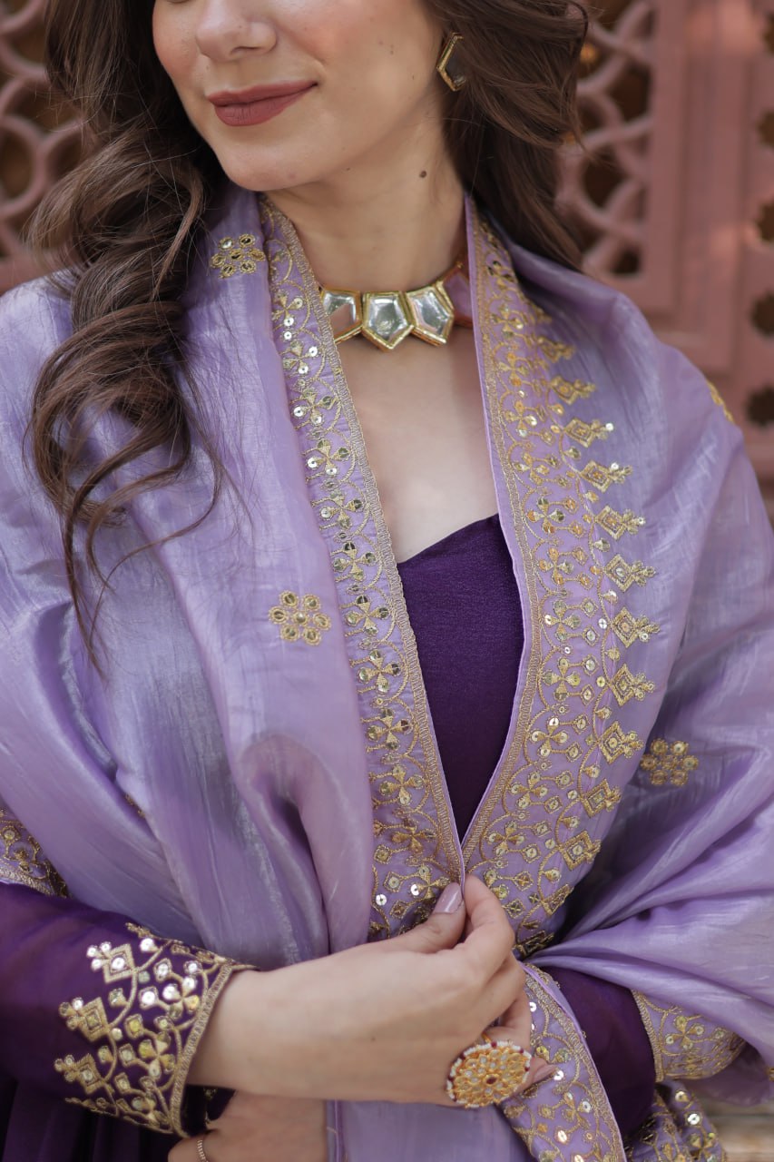 Star Georgette Kurta with Zari Sequins Embroidery and Gold Crush Dupatta