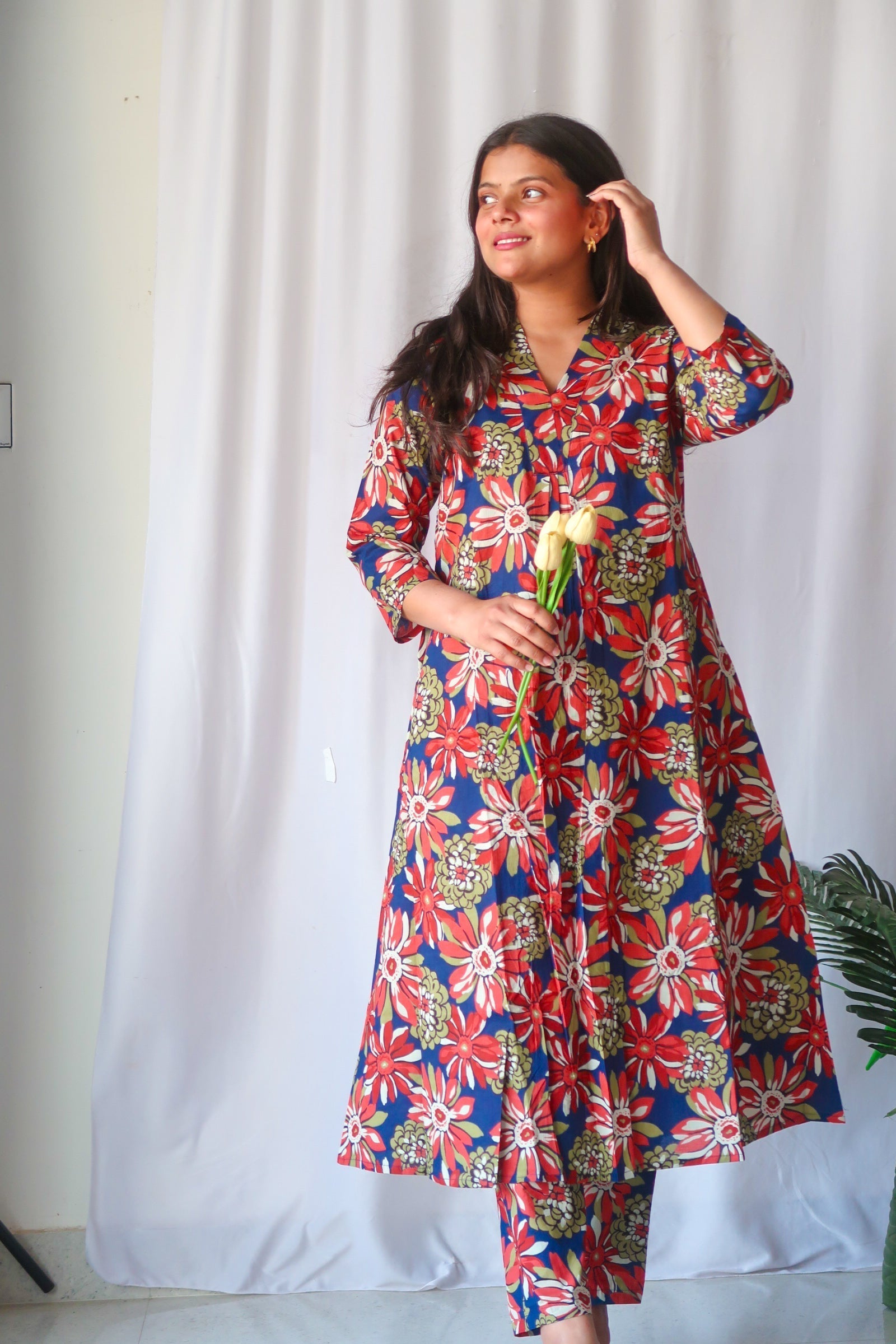 Vibrant Cotton Straight Kurta Pant Set with V-Neckline