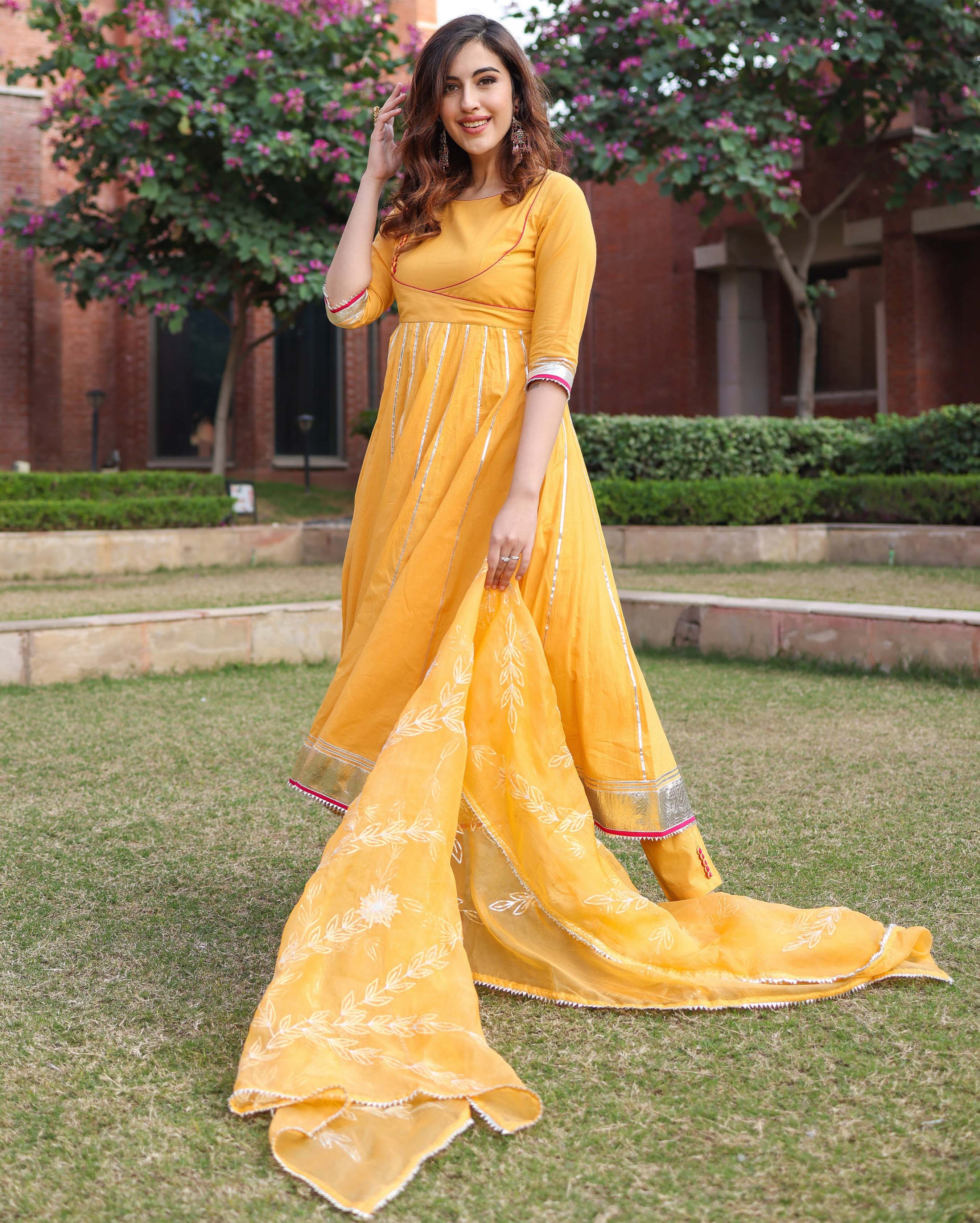 Yellow Cotton Suit Set with Gota Patti and Organza Dupatta