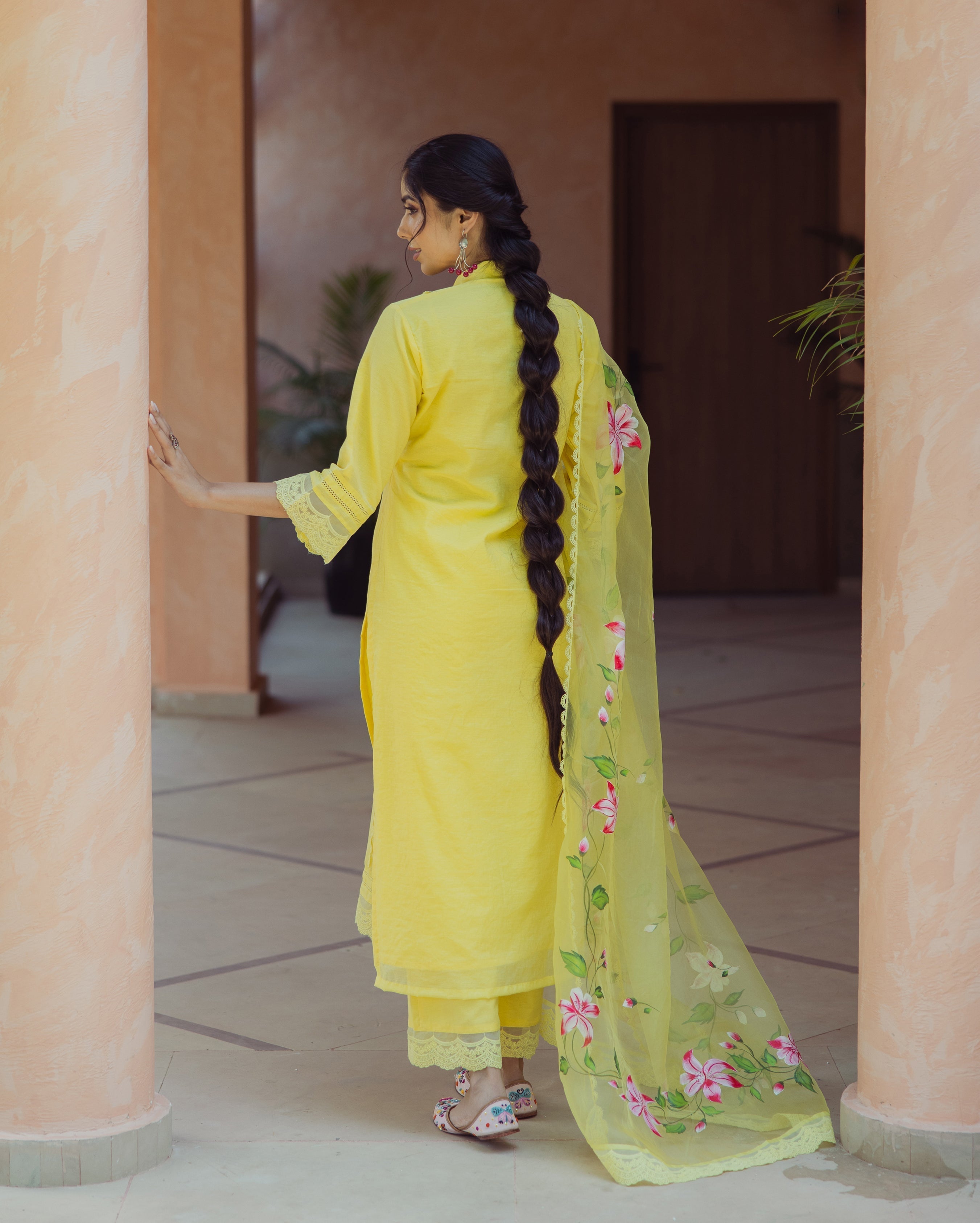 Garden Yellow Handpainted Chanderi Suit Set