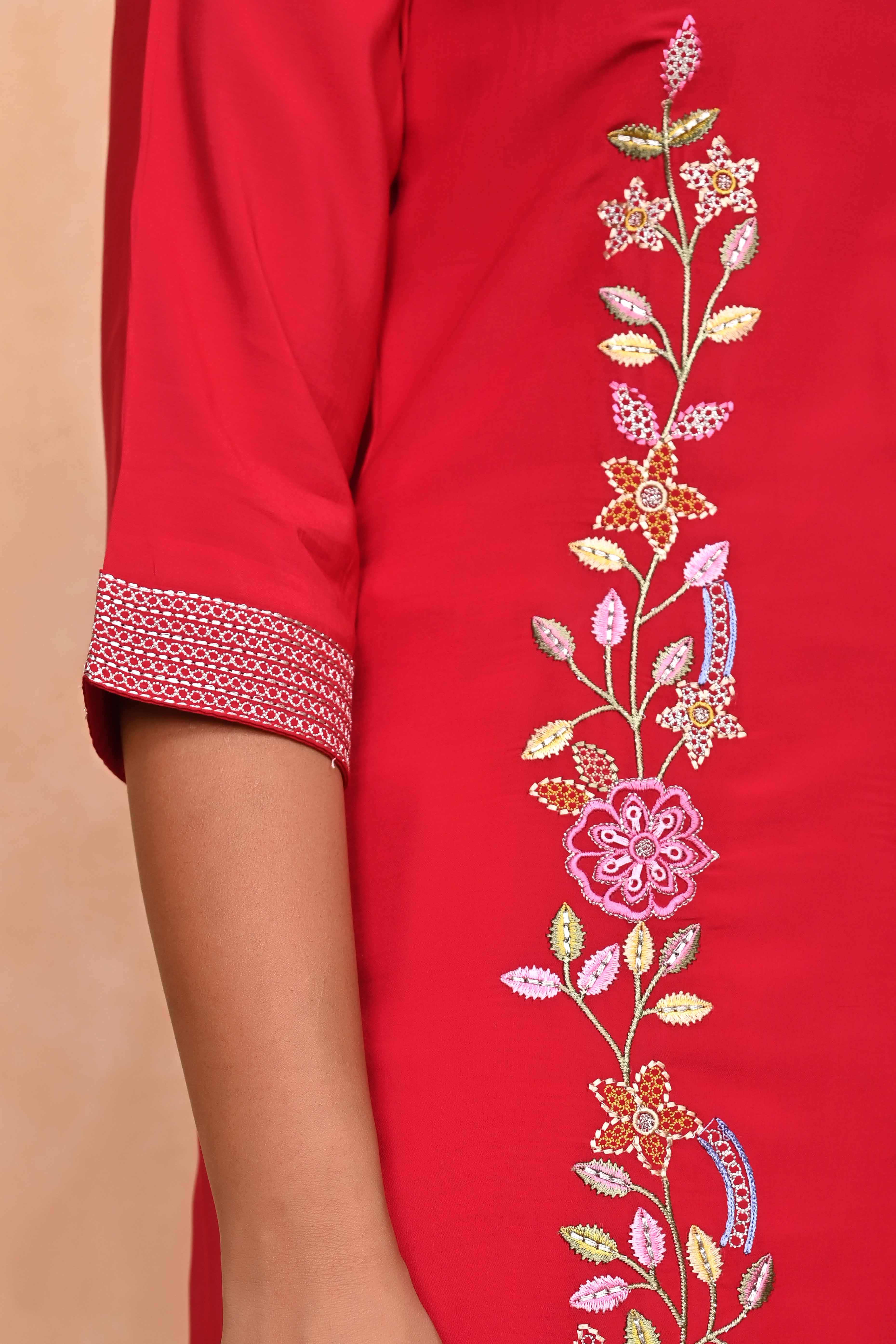 Red Floral Embroidered Chanderi Co-Ord Set – Top & Bottom