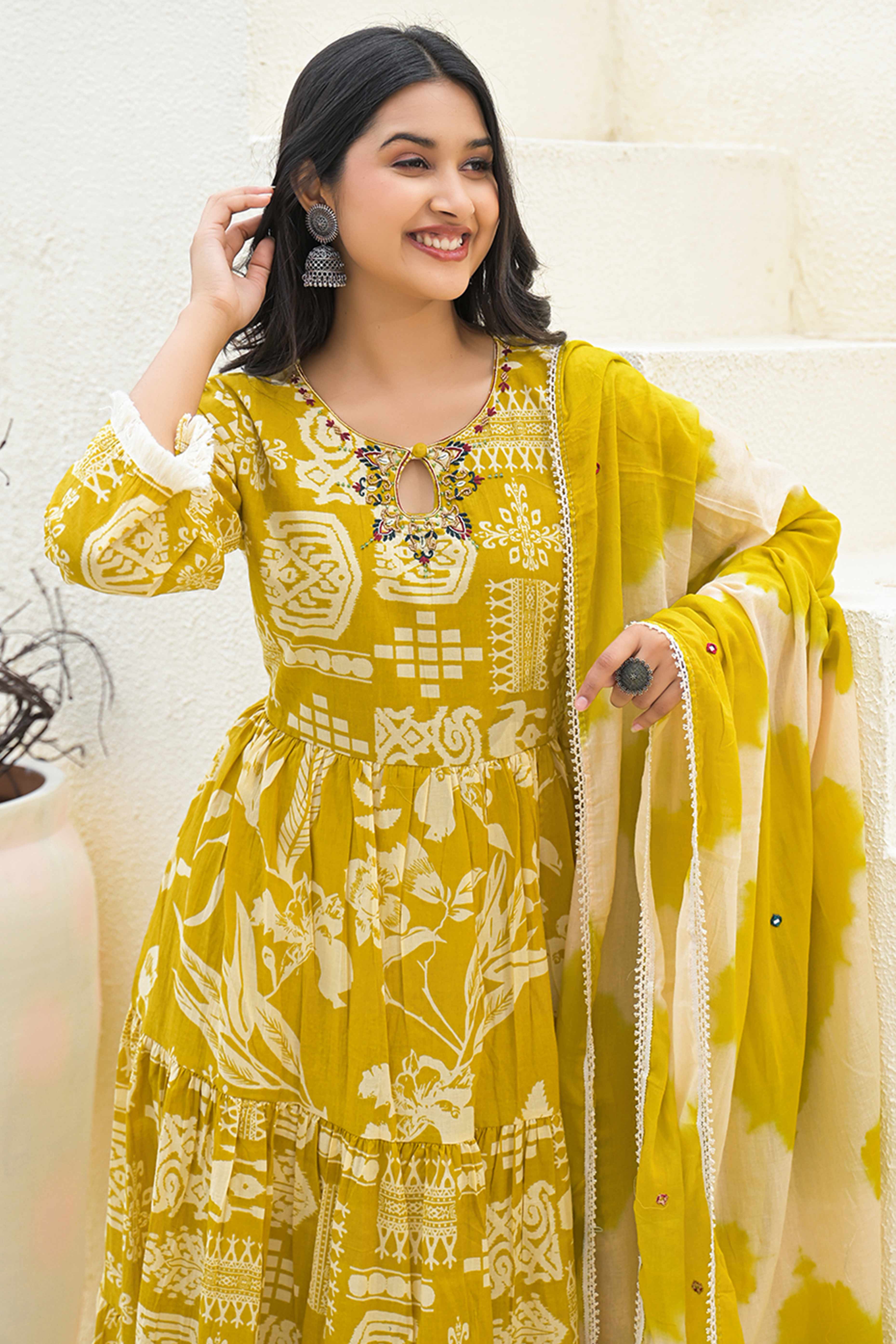 Traditional Printed Mustard Anarkali Salwar Suit with Delicate Embroidery in Cotton Fabric