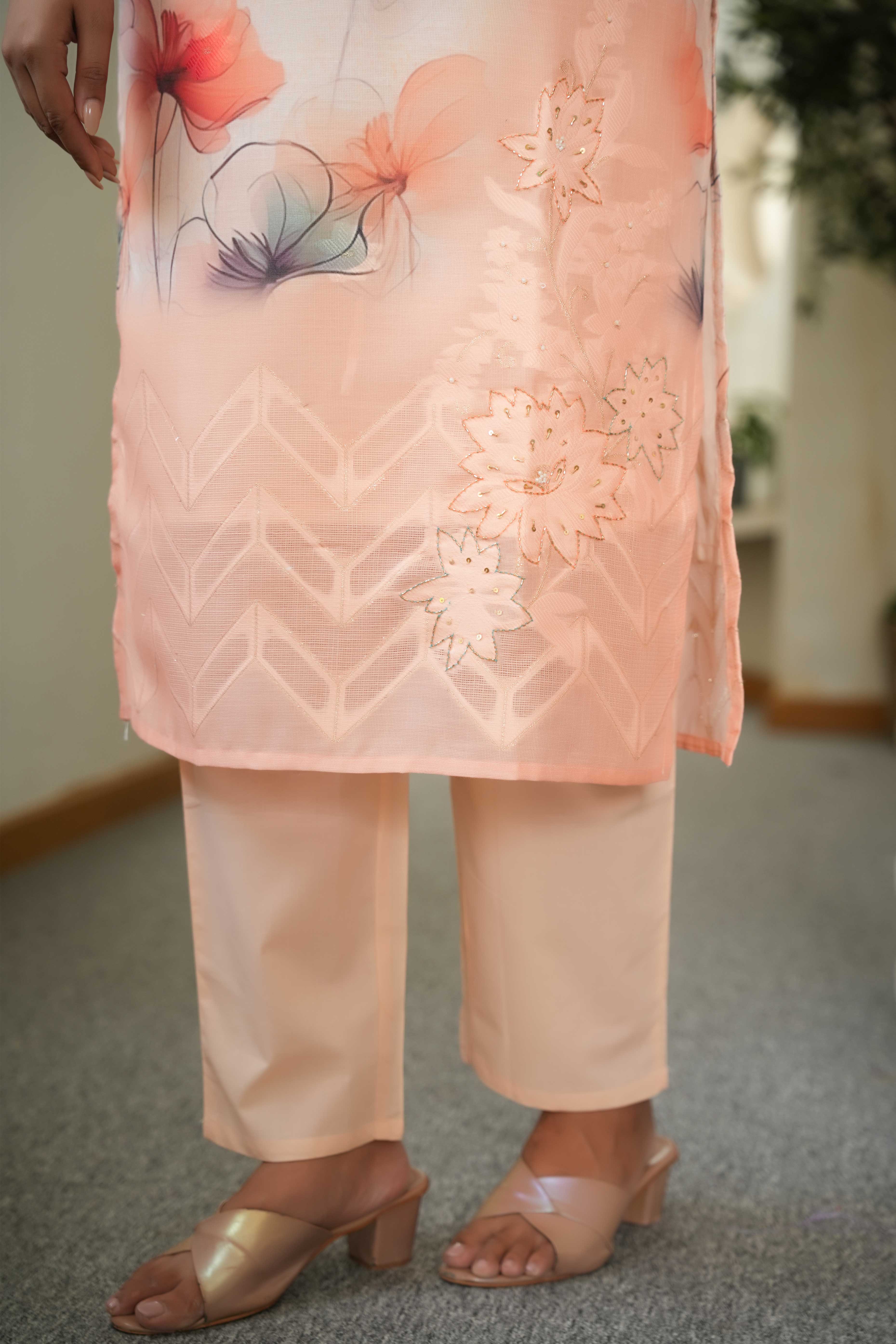 Graceful Light Orange Straight Salwar Suit with Floral Prints on Cotton Jacquard Fabric