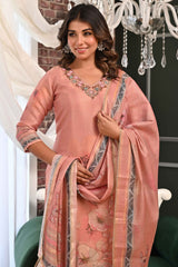 Elegant Dark Peach Linen Jacquard Salwar Suit with Floral Prints & Shimmer