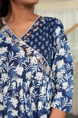 Dark Blue Anarkali Salwar Suit Featuring Floral Prints on Pure Cotton