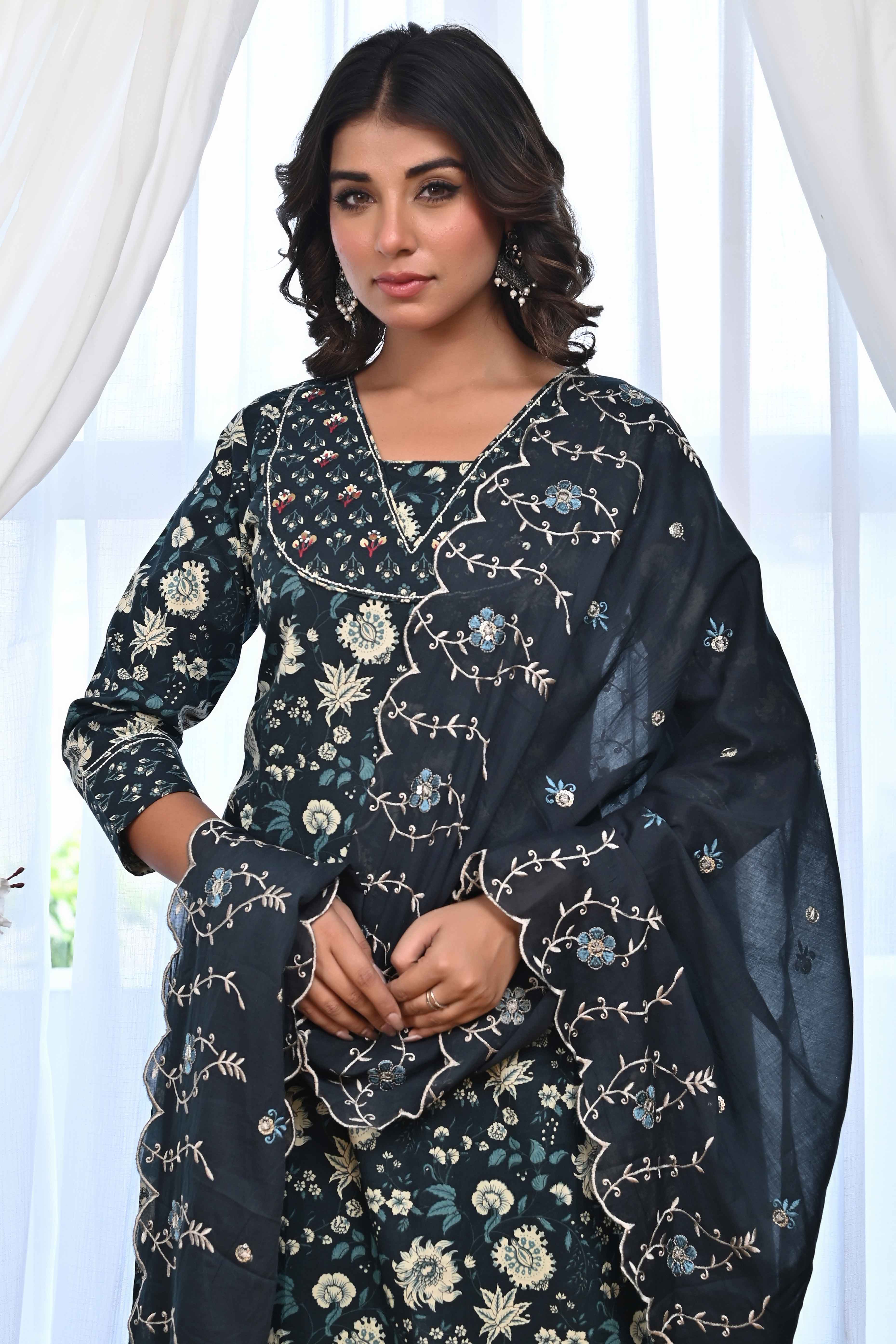 Dark Teal Blue Floral Printed Salwar Suit Adorned With Delicate Sequin Work On Pure Cotton