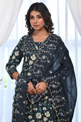 Dark Teal Blue Floral Printed Salwar Suit Adorned With Delicate Sequin Work On Pure Cotton
