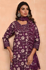Elegant Wine Floral Printed Salwar Suit With Intricate Sequin Embellishment On Pure Cotton