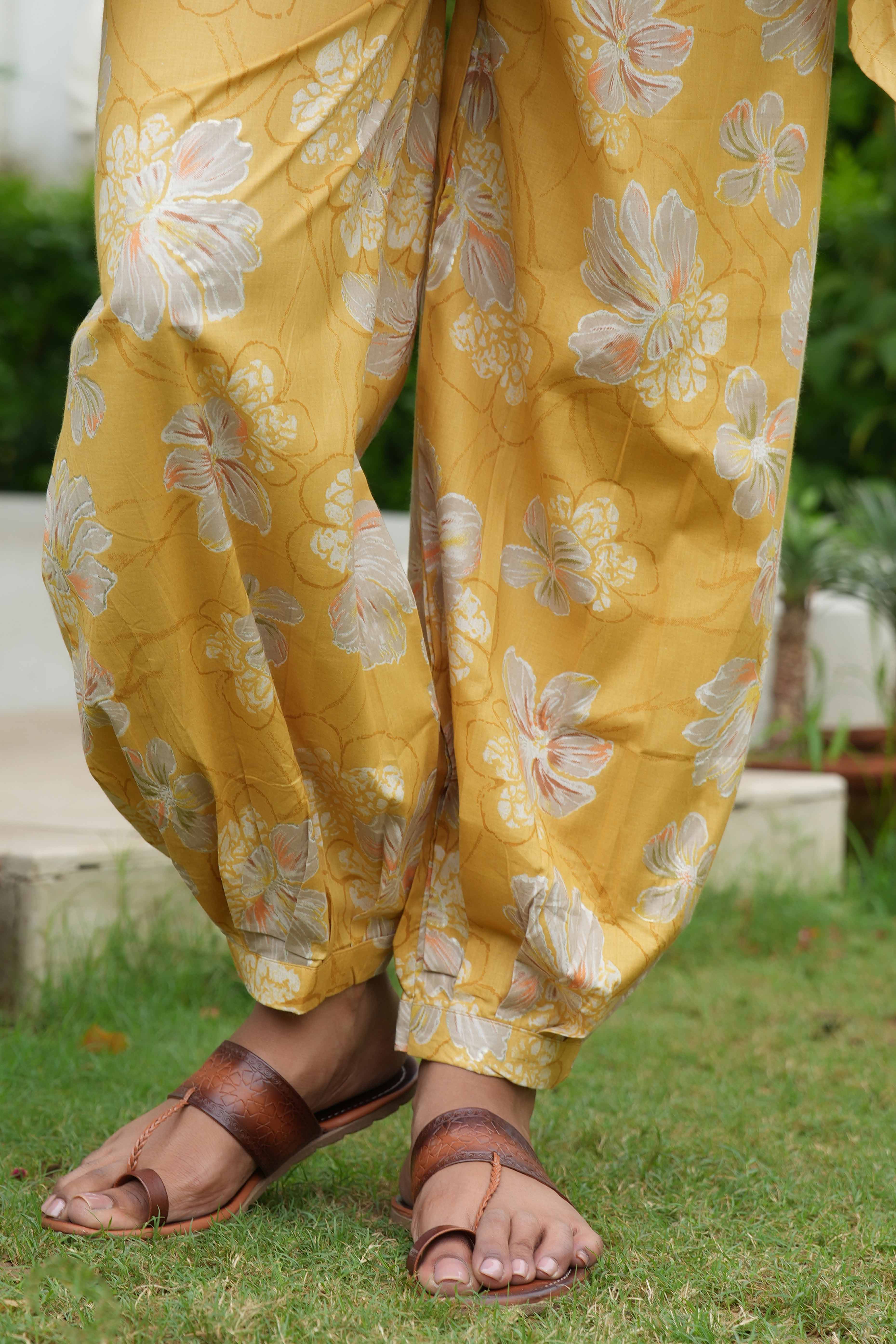 Yellow Pure Cotton Co-Ord Set with Floral Handwork – Elegant Festive Wear