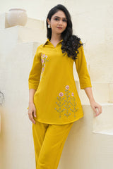 Mustard Floral Embroidered Cotton Top – Breathable & Elegant Everyday Wear