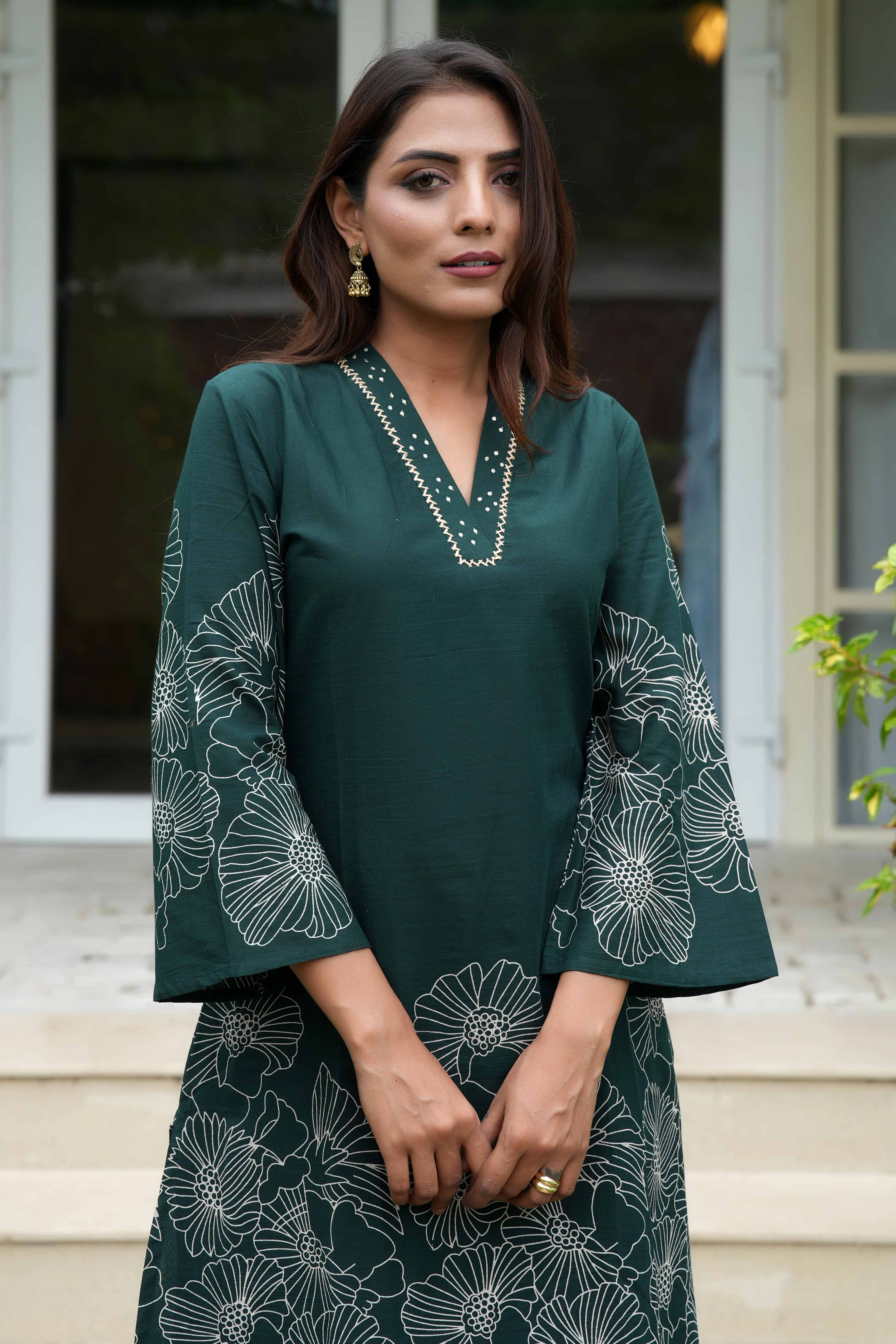 Bottle Green Floral Embroidered Co-Ord Set – Top & Bottom