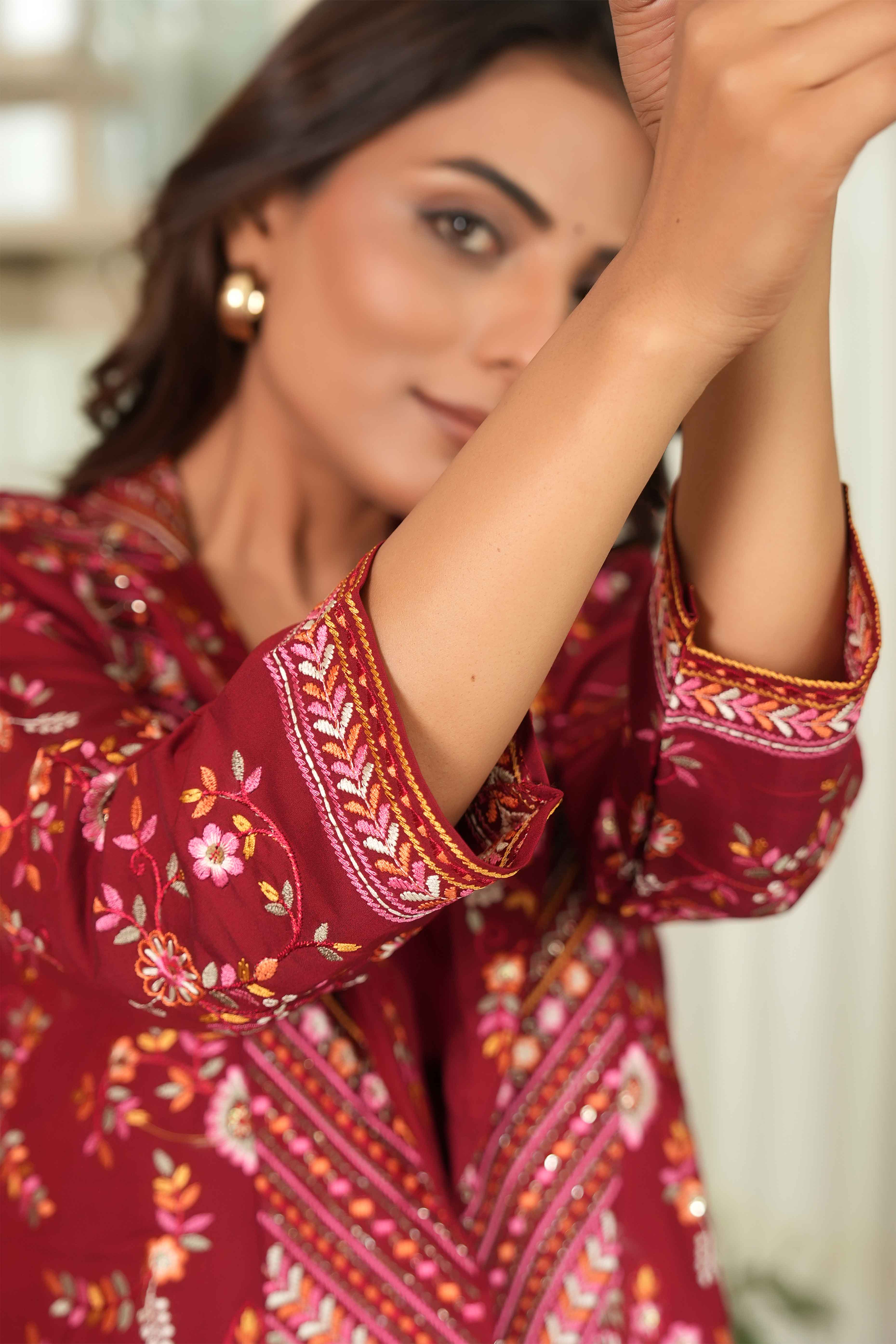 Maroon Embroidered Chanderi Silk Co-Ord Set with Georgette Bottom – Festive & Elegant Ensemble