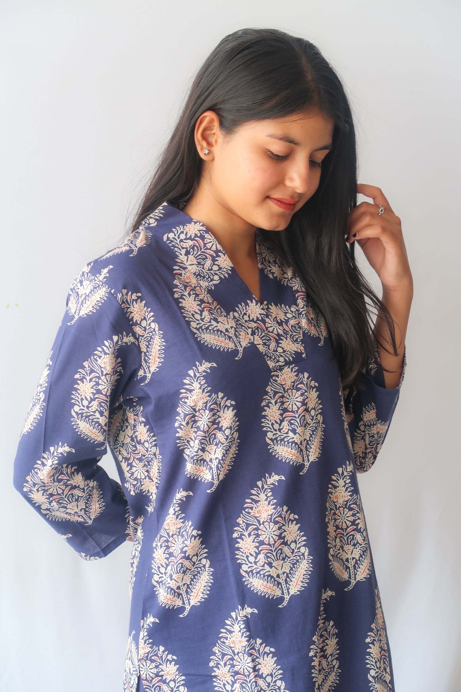 Navy Blossom V-Neck Suit Set