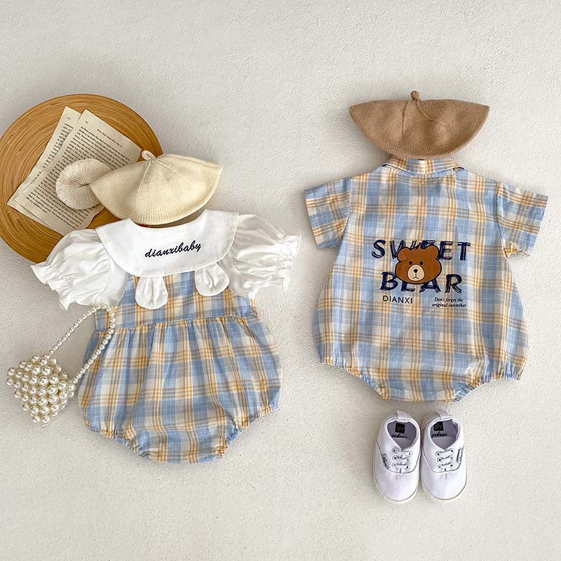 Bear Plaid Baby Romper for Boys and Girls – Soft Cotton Outfit
