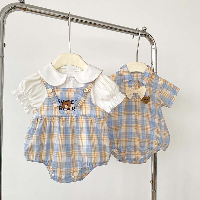 Bear Plaid Baby Romper for Boys and Girls – Soft Cotton Outfit