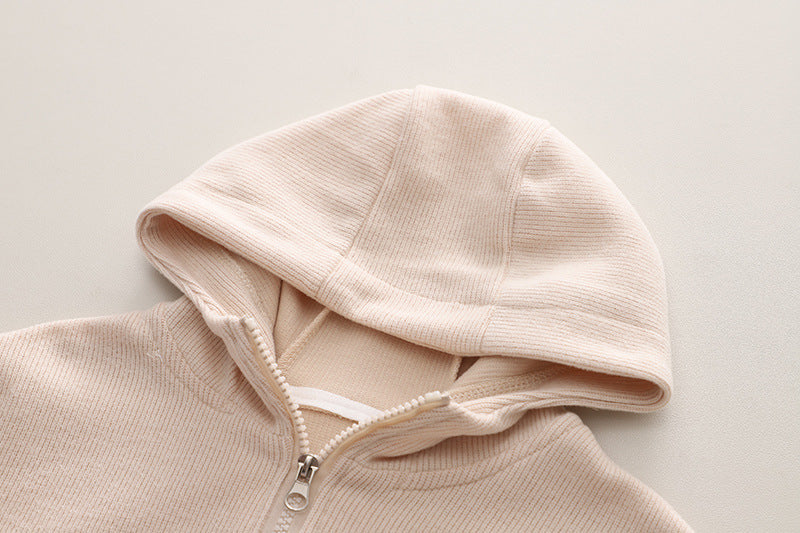Beige Hooded Boys Cotton Sweatsuit Set – Casual Two-Piece Outfit