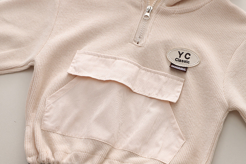 Beige Hooded Boys Cotton Sweatsuit Set – Casual Two-Piece Outfit