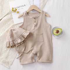 Beige Sleeveless Baby Girls Romper with Matching Hat – Soft Cotton Outfit