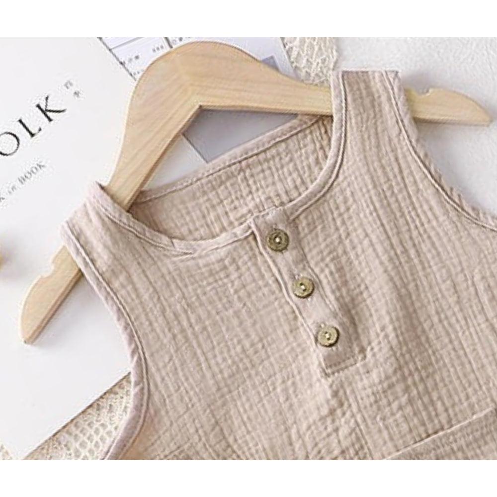 Beige Sleeveless Baby Girls Romper with Matching Hat – Soft Cotton Outfit