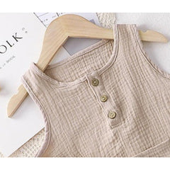 Beige Sleeveless Baby Girls Romper with Matching Hat – Soft Cotton Outfit