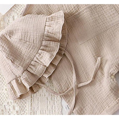 Beige Sleeveless Baby Girls Romper with Matching Hat – Soft Cotton Outfit