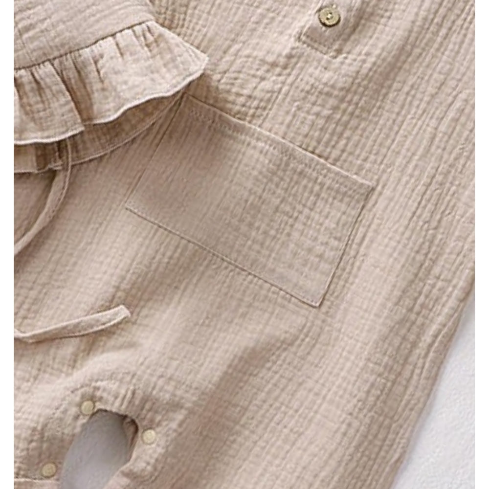 Beige Sleeveless Baby Girls Romper with Matching Hat – Soft Cotton Outfit