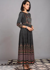 Black Satin Straight Kurta with Vibrant Oriental Motifs