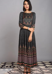Black Satin Straight Kurta with Vibrant Oriental Motifs
