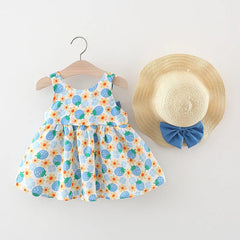 Girls Blue Dress with Bow Knot and Hat – Polyester Blend Outfit