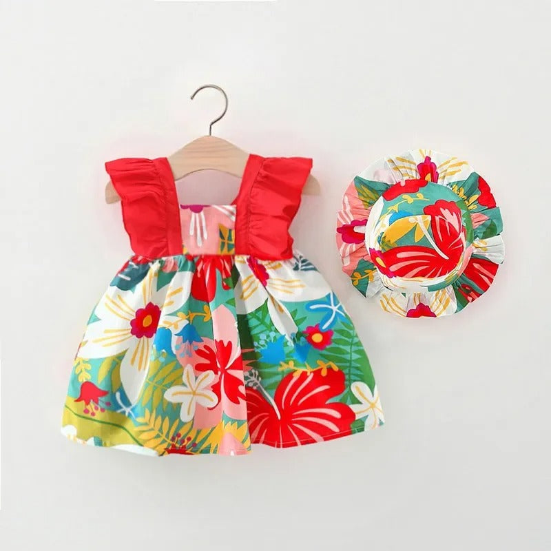 Red Vibrant Frill Sleeves Girls Dress with Hat – Soft Cotton Outfit