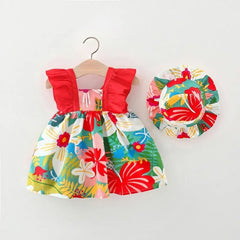 Red Vibrant Frill Sleeves Girls Dress with Hat – Soft Cotton Outfit