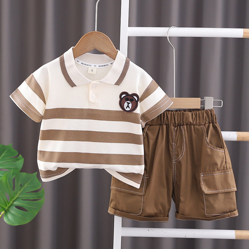 Boys Brown Collared Striped Set – Soft Cotton Outfit